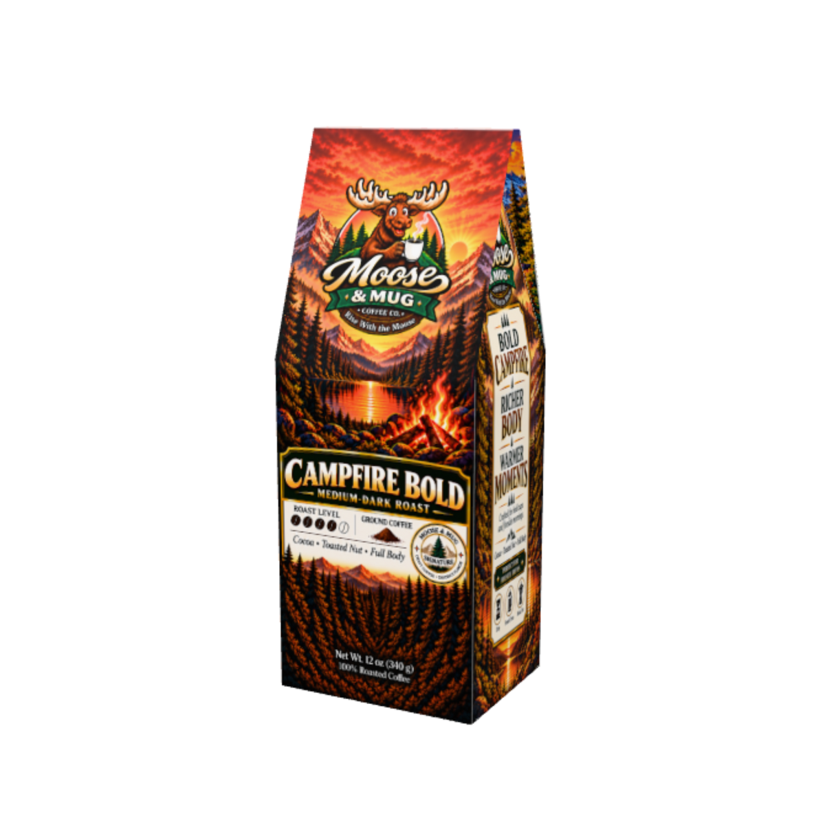 A package of Moose & Mug Campfire Bold coffee roasts, featuring a tall, tapered bag with a fiery red and orange sunset mountain landscape design on a plain white background.