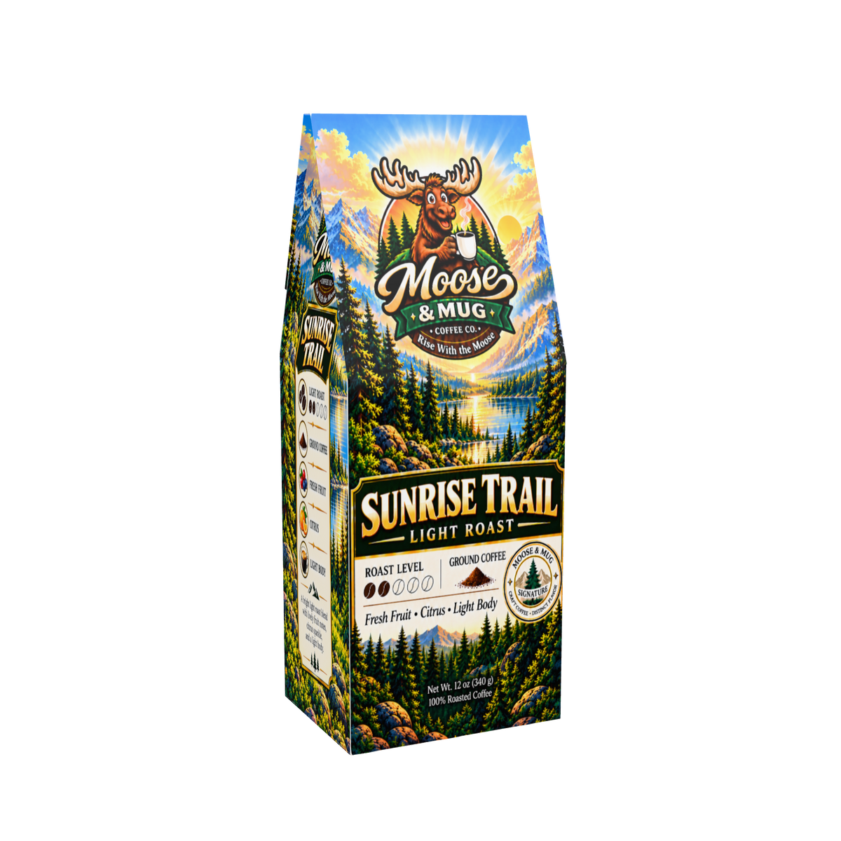 A package of Moose & Mug Sunrise Trail Light Roast coffee, featuring a colorful mountain and forest landscape illustration on the front and side panels.