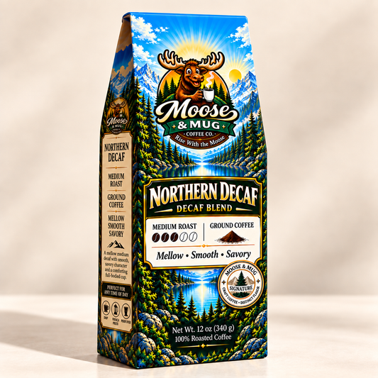 Northern Decaf medium roast ground coffee by Moose & Mug Coffee Co. shown in a clean studio product image.