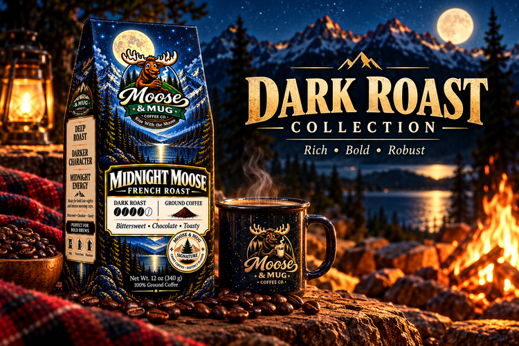 Moose & Mug Coffee Co. Dark Roast collection featuring Midnight Moose coffee with a steaming mug, campfire, and moonlit mountain scenery.