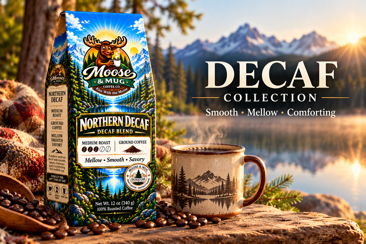 Moose & Mug Coffee Co. Decaf collection featuring Northern Decaf medium roast coffee with a steaming mug beside a peaceful mountain lake.