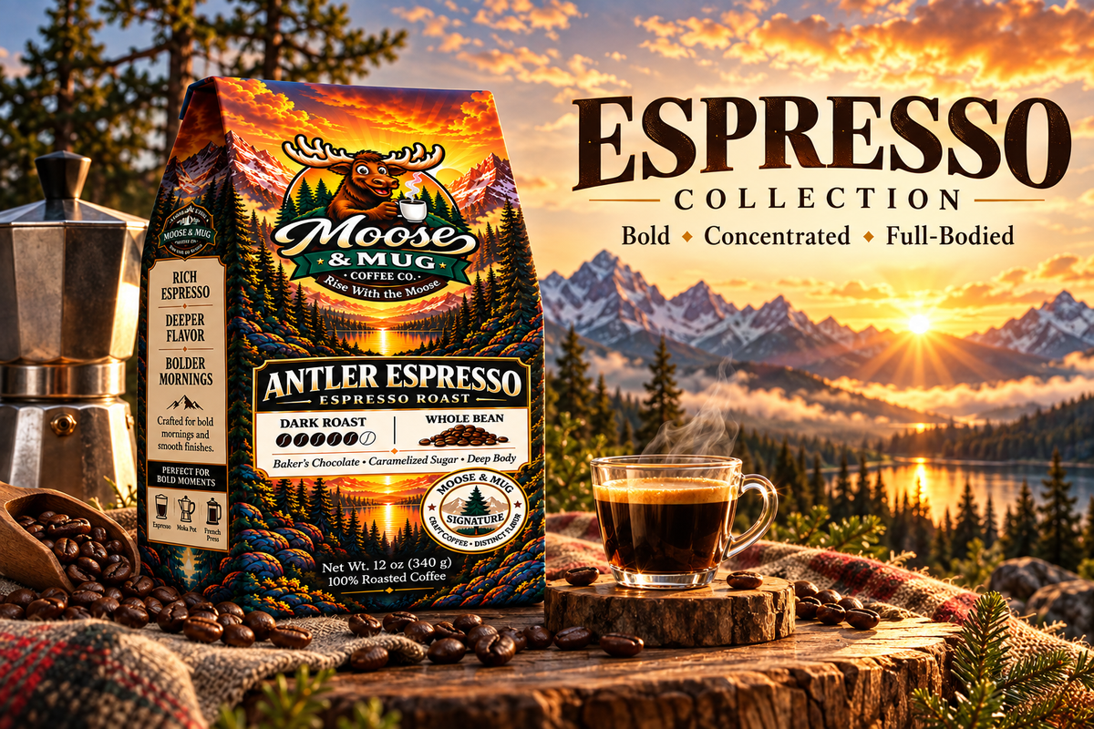 Moose & Mug Coffee Co. Espresso collection featuring Antler Espresso dark roast coffee with fresh espresso in a mountain sunrise setting.