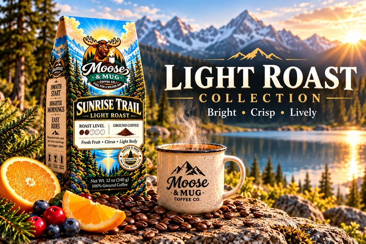 Moose & Mug Coffee Co. Light Roast collection featuring Sunrise Trail coffee with citrus, coffee beans, and a steaming mug in a bright mountain setting.