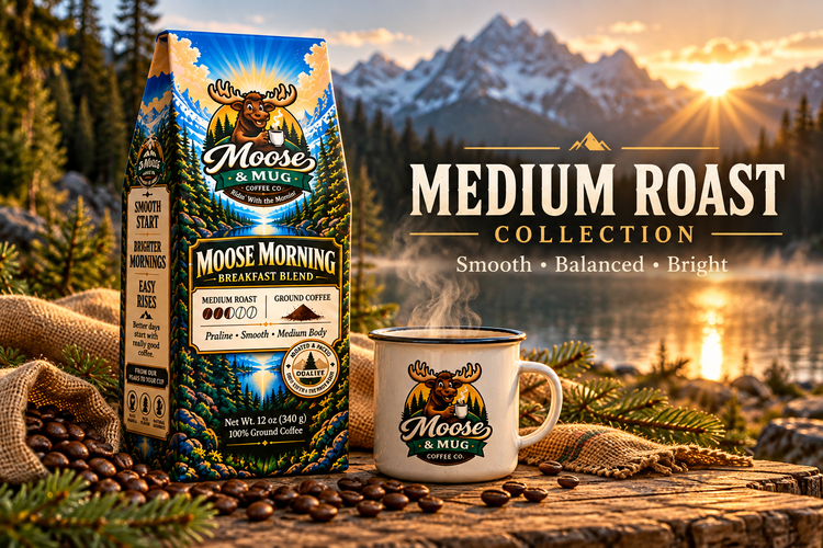 Moose & Mug Coffee Co. Medium Roast collection featuring Moose Morning coffee with a steaming mug beside an alpine lake at sunrise.