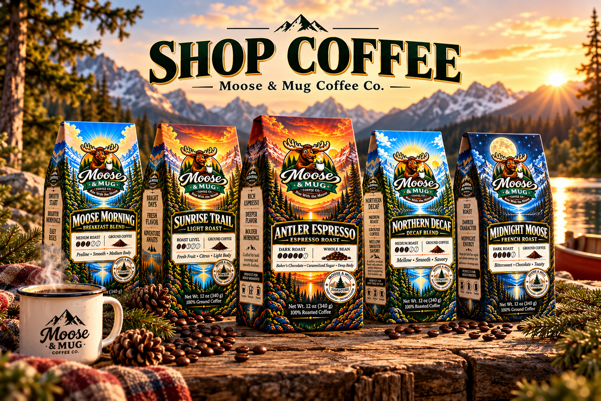 Moose & Mug Coffee Co. Shop Coffee collection featuring assorted coffee bags and a steaming mug in a mountain lake setting.