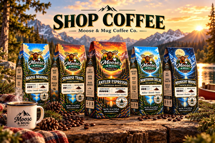 Moose & Mug Coffee Co. Shop Coffee collection featuring assorted coffee bags and a steaming mug in a mountain lake setting.
