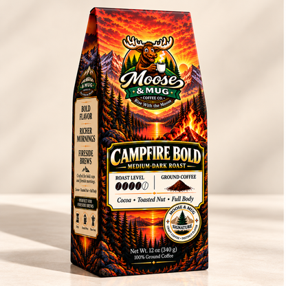 Studio product image of Moose & Mug Campfire Bold medium-dark roast ground coffee in a carton package with cocoa, toasted nut, and full body tasting notes on a soft neutral background.