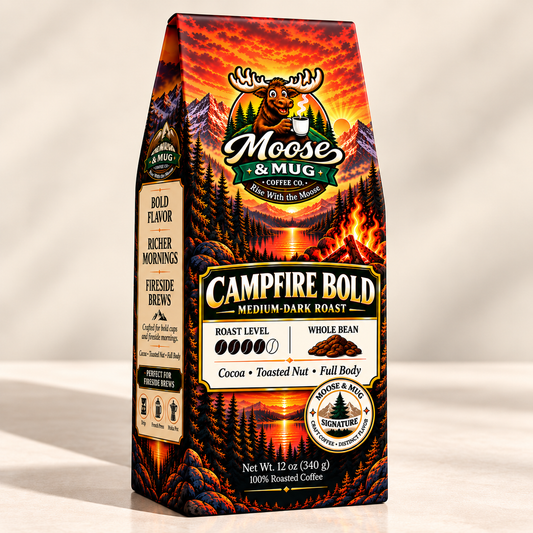 Studio product image of Moose & Mug Campfire Bold medium-dark roast whole bean coffee in a carton package with cocoa, toasted nut, and full body tasting notes on a soft neutral background.