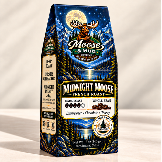 A 12 oz bag of Moose & Mug Coffee Co. Midnight Moose French Roast whole bean coffee, featuring a dark blue and black illustrated package with a moose, mountains, and a full moon.