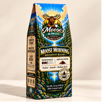 Moose Morning medium roast ground coffee 12 oz by Moose & Mug Coffee Co. in a studio product image