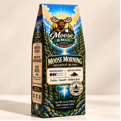 Moose Morning medium roast ground coffee 12 oz by Moose & Mug Coffee Co. in a studio product image