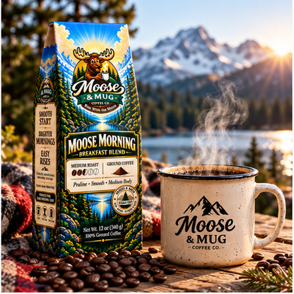 Moose & Mug Coffee Co. Moose Morning ground coffee with a steaming mug overlooking a mountain lake at sunrise