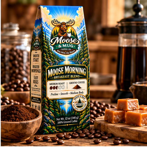 Moose Morning medium roast ground coffee with coffee grounds, beans and praline flavor inspiration