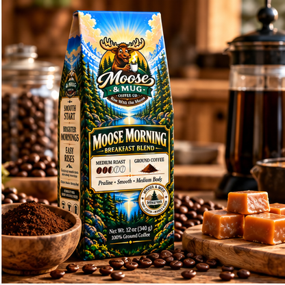 Moose Morning medium roast ground coffee with coffee grounds, beans and praline flavor inspiration