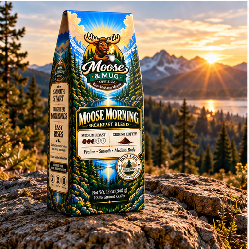 Moose & Mug Coffee Co. Moose Morning ground coffee by Moose & Mug Coffee Co. displayed in a mountain sunrise setting