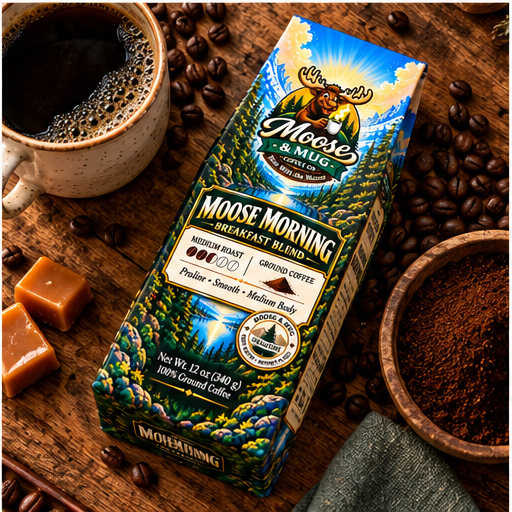 Moose Morning ground coffee with brewed coffee, roasted coffee beans and praline flavor inspiration