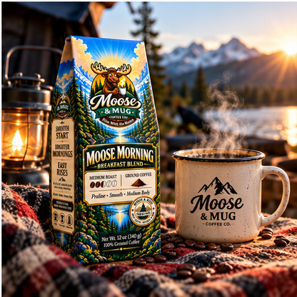 Moose Morning medium roast ground coffee with a steaming mug in a mountain campsite setting