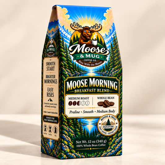 Moose Morning medium roast whole bean coffee 12 oz by Moose & Mug Coffee Co. in a studio product image