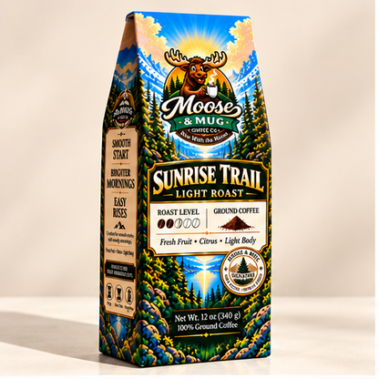 A 12 oz bag of Moose & Mug Coffee Company Sunrise Trail Light Roast ground coffee, featuring a colorful mountain and forest illustration on the packaging.