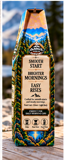 A bag of Moose and Mug Coffee Smooth Start Brighter Mornings Easy Rises coffee cups stands upright on a wooden surface with a blurred outdoor mountain background.
