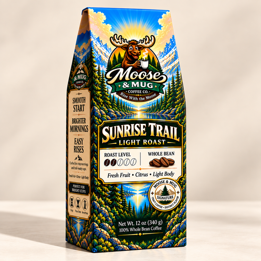 A 12 oz bag of Moose & Mug Coffee Co. Sunrise Trail Light Roast whole bean coffee, featuring a colorful mountain and forest label design with a moose logo.