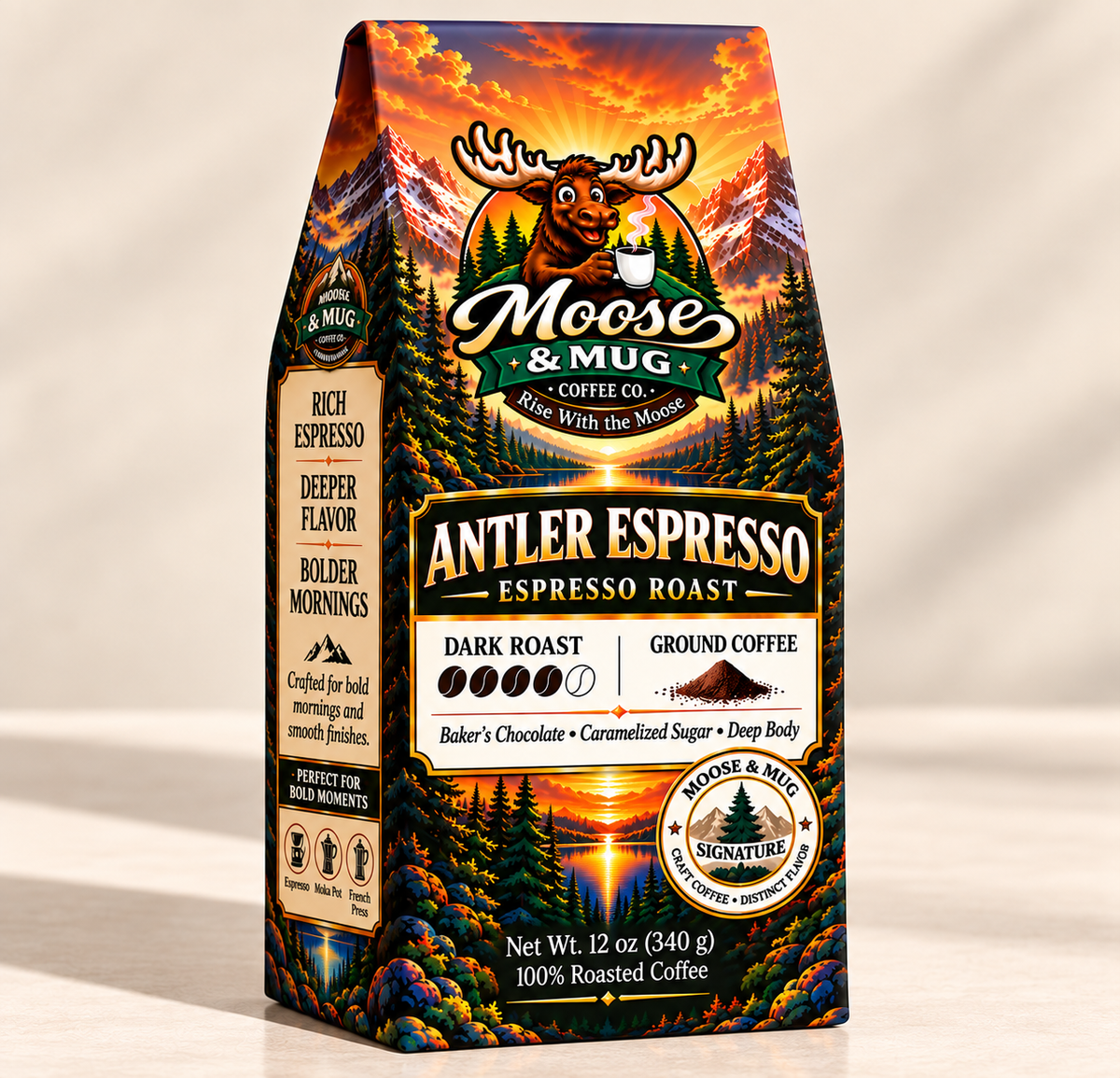 Moose & Mug Coffee Co. Antler Espresso dark roast ground coffee shown in a clean studio product image.