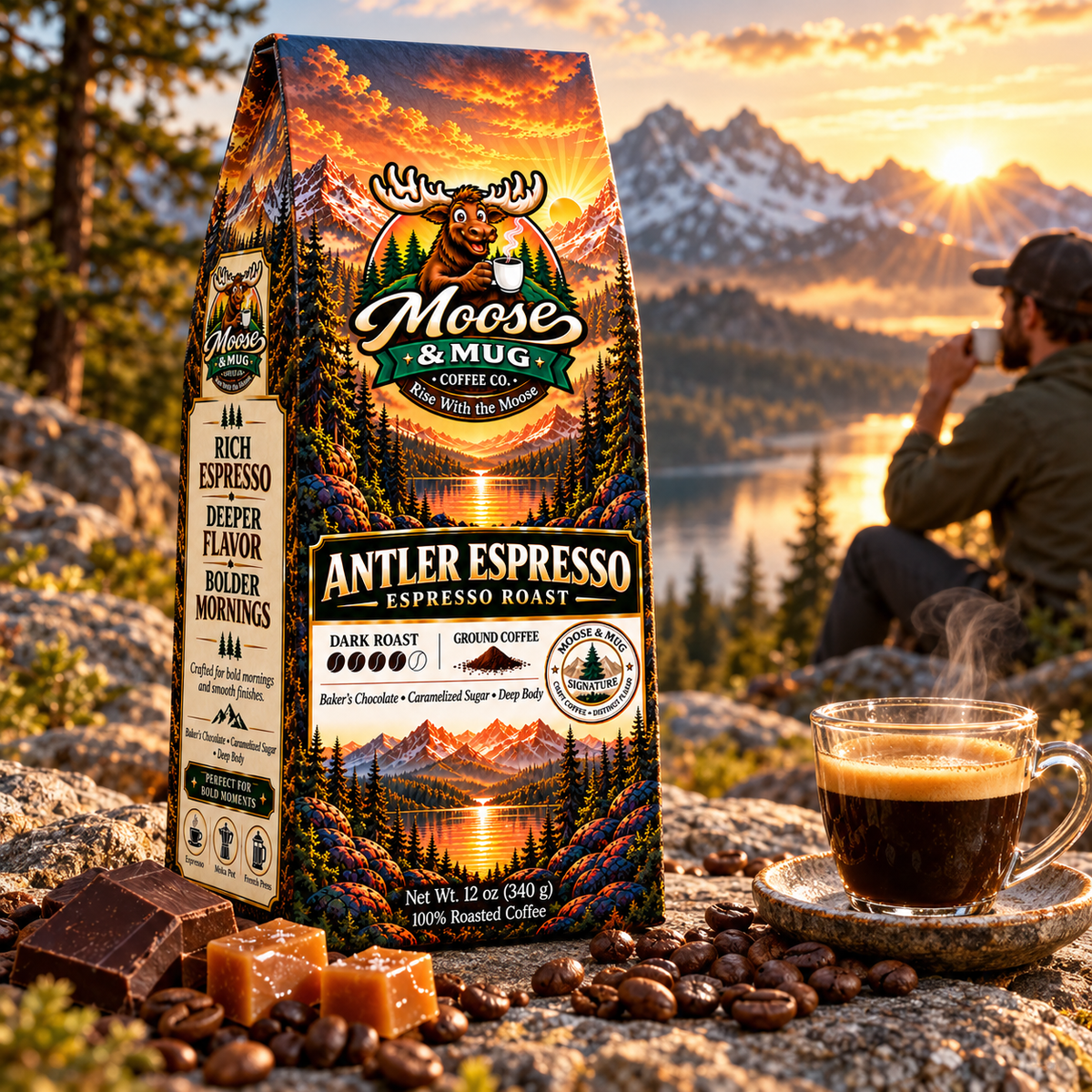Moose & Mug Coffee Co. Antler Espresso dark roast coffee with a fresh espresso in a mountain sunrise setting.