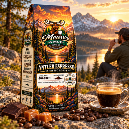 Moose & Mug Coffee Co. Antler Espresso dark roast coffee with a fresh espresso in a mountain sunrise setting.