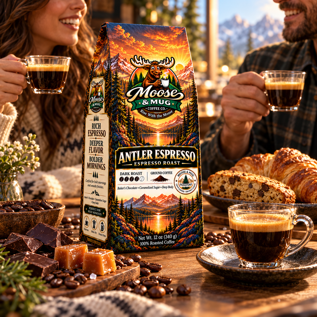 Moose & Mug Coffee Co. Antler Espresso dark roast coffee with a fresh espresso in a cozy morning setting.