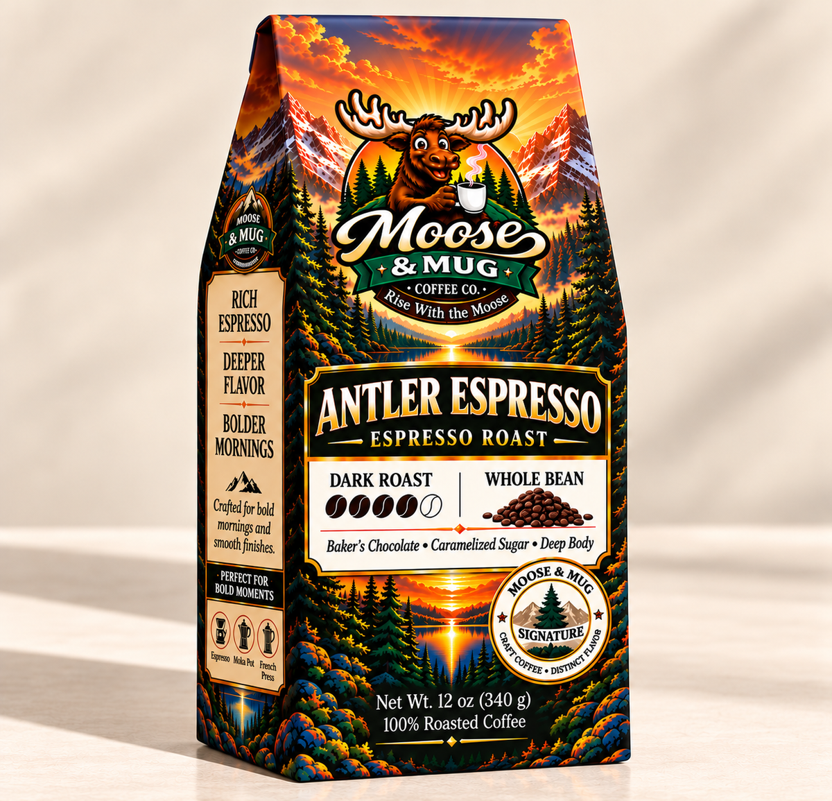 Moose & Mug Coffee Co. Antler Espresso dark roast whole bean coffee shown in a clean studio product image.