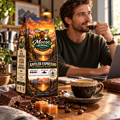 Moose & Mug Coffee Co. Antler Espresso dark roast coffee with people enjoying fresh coffee together in a warm morning setting.