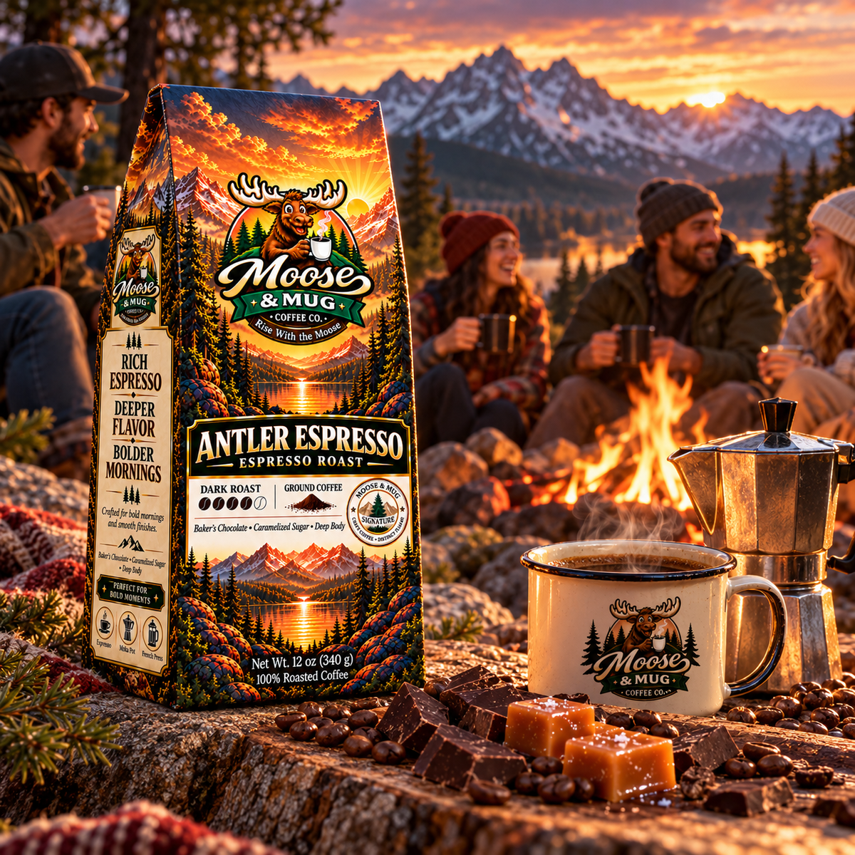 Moose & Mug Coffee Co. Antler Espresso dark roast coffee beside a steaming cup in a warm fireside setting.