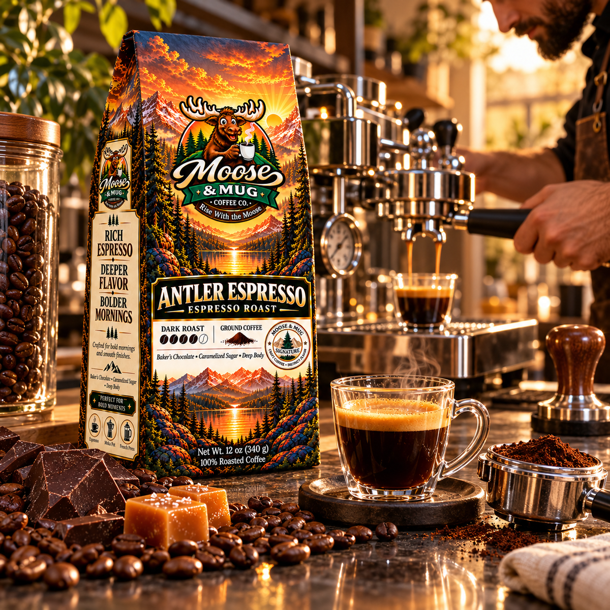 Moose & Mug Coffee Co. Antler Espresso dark roast coffee with a barista preparing fresh espresso in a cozy coffee setting.