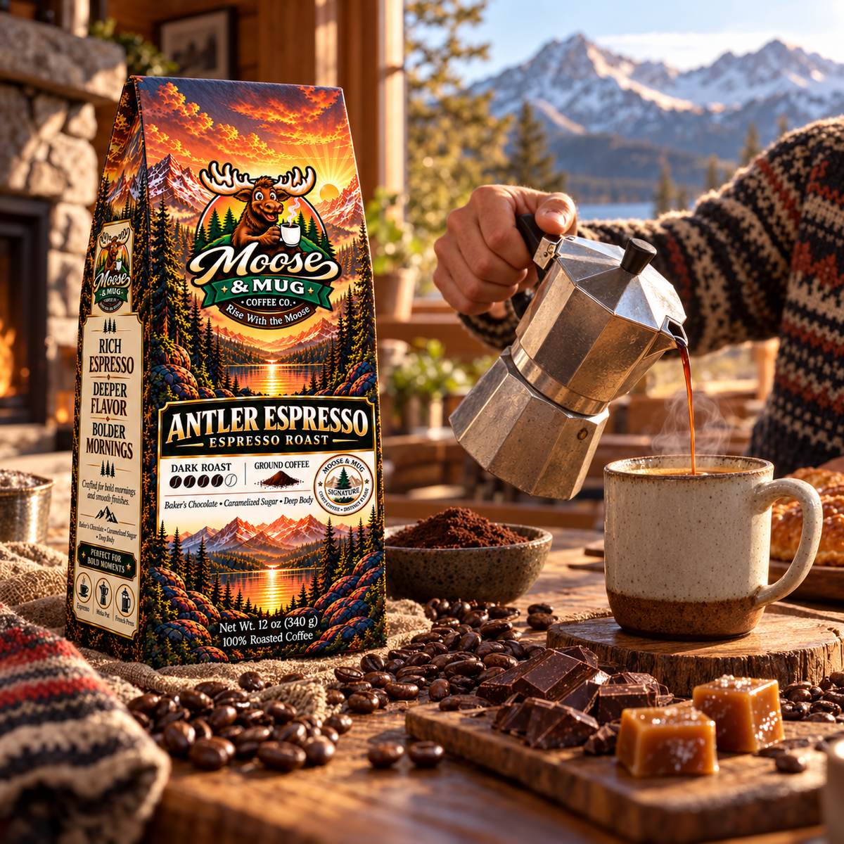 Moose & Mug Coffee Co. Antler Espresso dark roast coffee with a steaming cup in a cozy mountain cabin setting.
