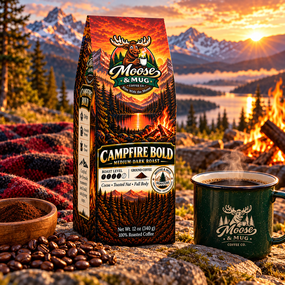 A bag of Moose & Mug Campfire Bold medium-dark roast coffee stands outdoors in a mountain landscape at sunset, with a green enamel mug, coffee beans, a small bowl of ground coffee, and a blanket in the foreground.