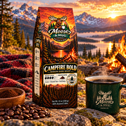 A bag of Moose & Mug Campfire Bold medium-dark roast coffee stands outdoors in a mountain landscape at sunset, with a green enamel mug, coffee beans, a small bowl of ground coffee, and a blanket in the foreground.