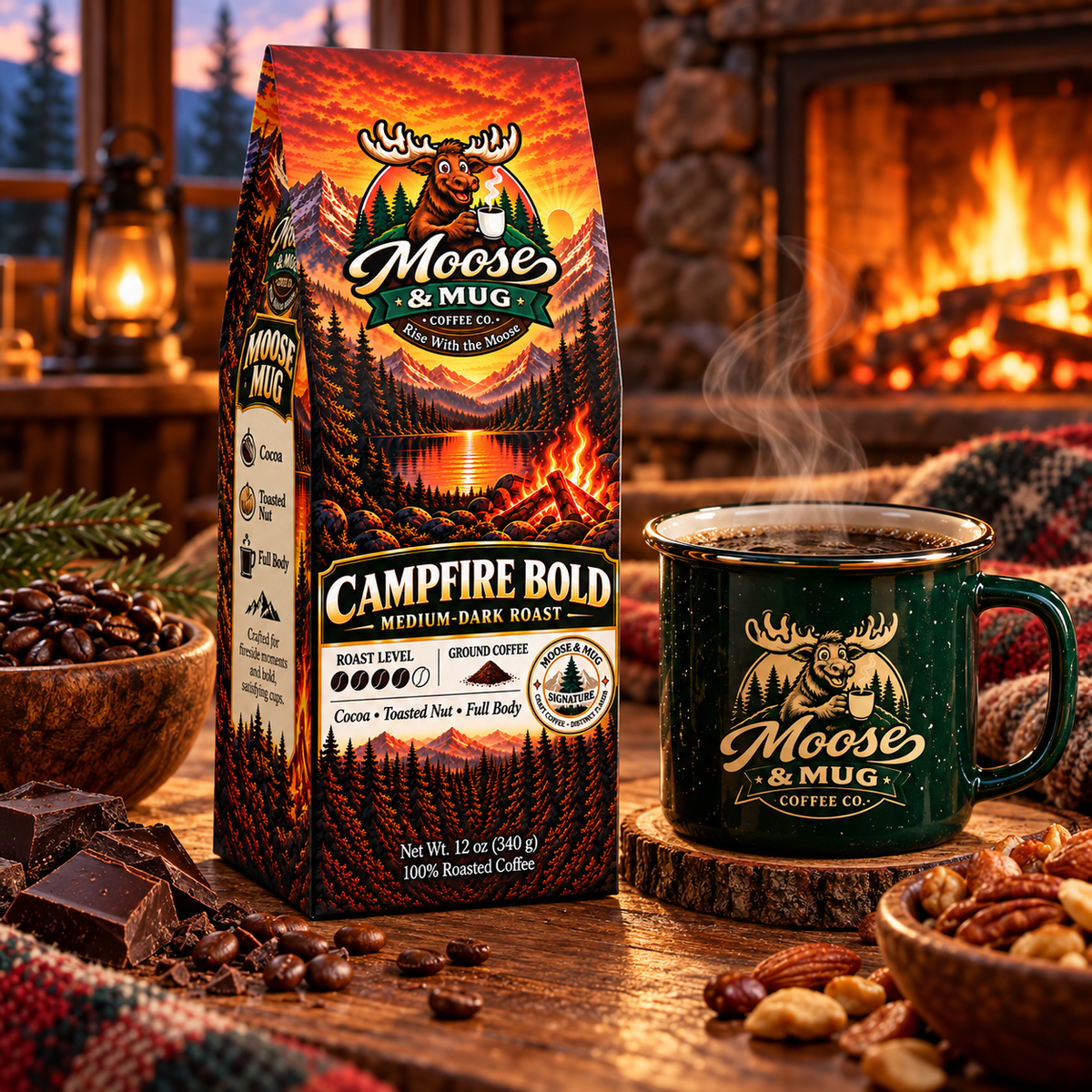Moose & Mug Coffee Co. Campfire Bold ground coffee in a retail bag standing next to a dark green enamel mug with a matching logo, set on a rustic table with coffee beans, chocolate, nuts, and a warm fireplace in the background.