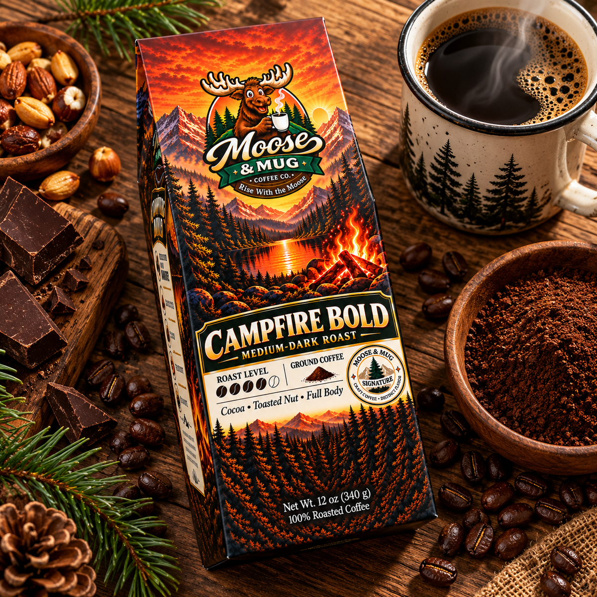 A package of Moose & Mug Campfire Bold Medium-Dark Roast coffee sits on a rustic wooden table surrounded by coffee beans, a mug of black coffee, chocolate pieces, and pinecones. The package features a warm orange and brown campfire landscape design.