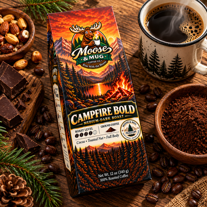 A package of Moose & Mug Campfire Bold Medium-Dark Roast coffee sits on a rustic wooden table surrounded by coffee beans, a mug of black coffee, chocolate pieces, and pinecones. The package features a warm orange and brown campfire landscape design.