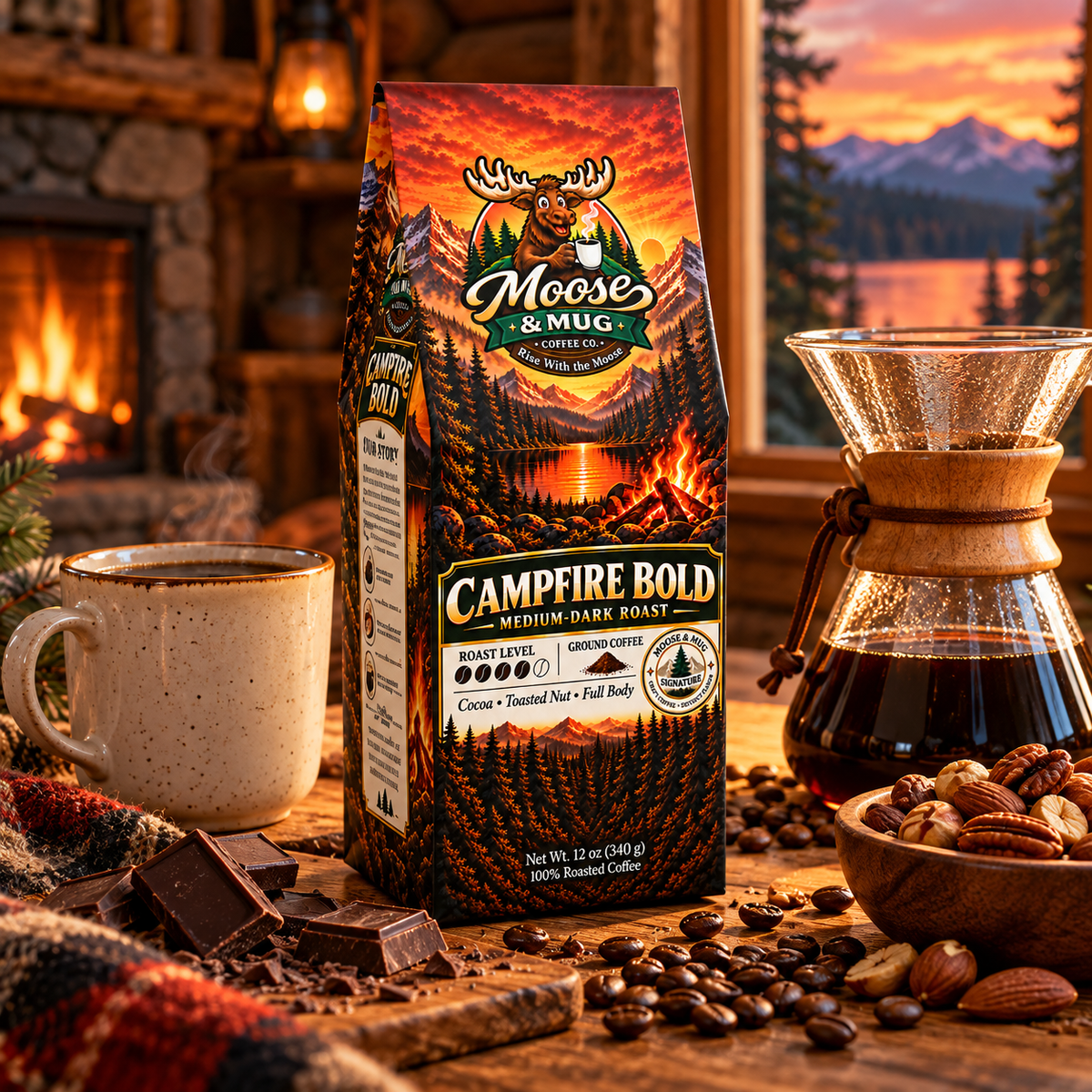 A bag of Moose & Mug Campfire Bold Medium Dark Roast coffee stands on a rustic wooden table in a cozy campfire-lit setting. The package features a dramatic mountain sunset design, surrounded by a ceramic mug, coffee beans, chocolate pieces, a glass pour-over coffee maker, and a bowl of nuts.
