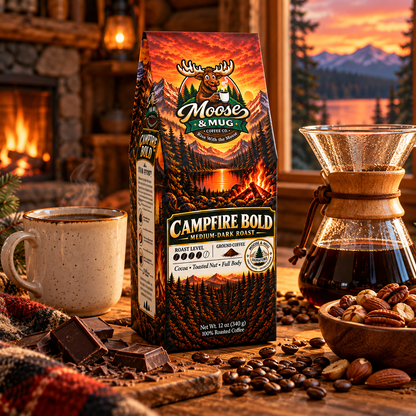 A bag of Moose & Mug Campfire Bold Medium Dark Roast coffee stands on a rustic wooden table in a cozy campfire-lit setting. The package features a dramatic mountain sunset design, surrounded by a ceramic mug, coffee beans, chocolate pieces, a glass pour-over coffee maker, and a bowl of nuts.