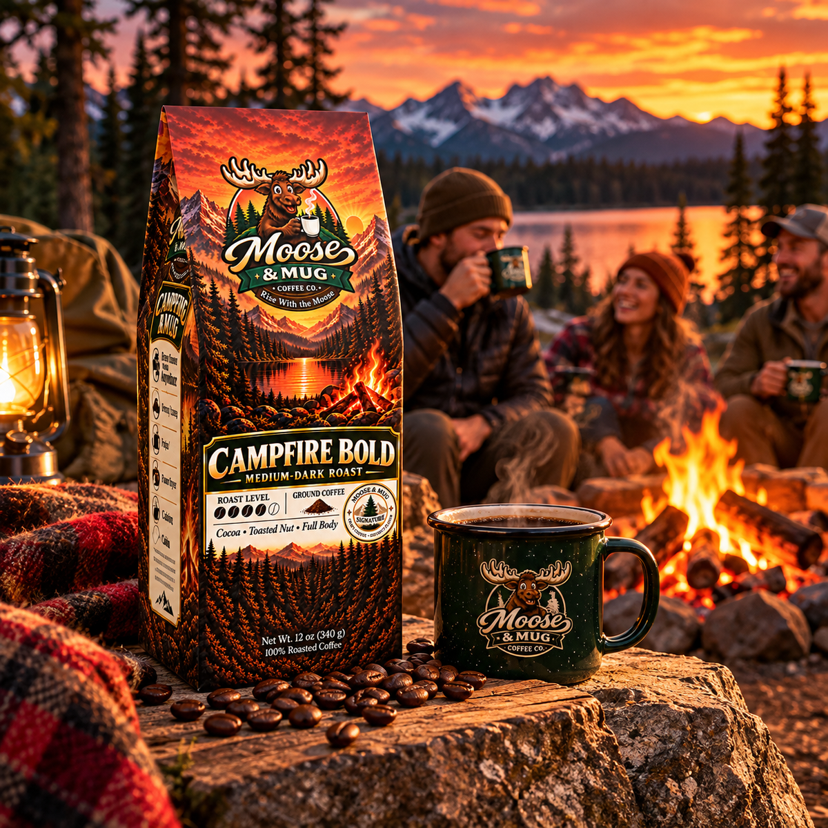 A bag of Moose & Mug Campfire Bold coffee stands on a rock beside a matching mug, with coffee beans scattered around, and three people sitting by a campfire at sunset with mountains in the background.