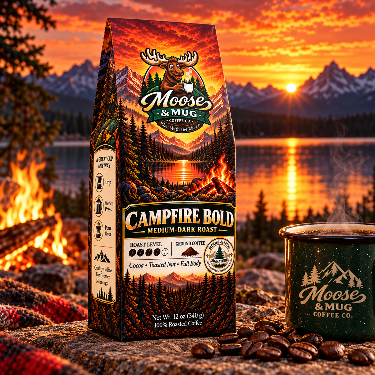 A bag of Moose & Mug Coffee Co. Campfire Bold medium-dark roast coffee stands on a log beside a steaming green mug, with coffee beans scattered around.