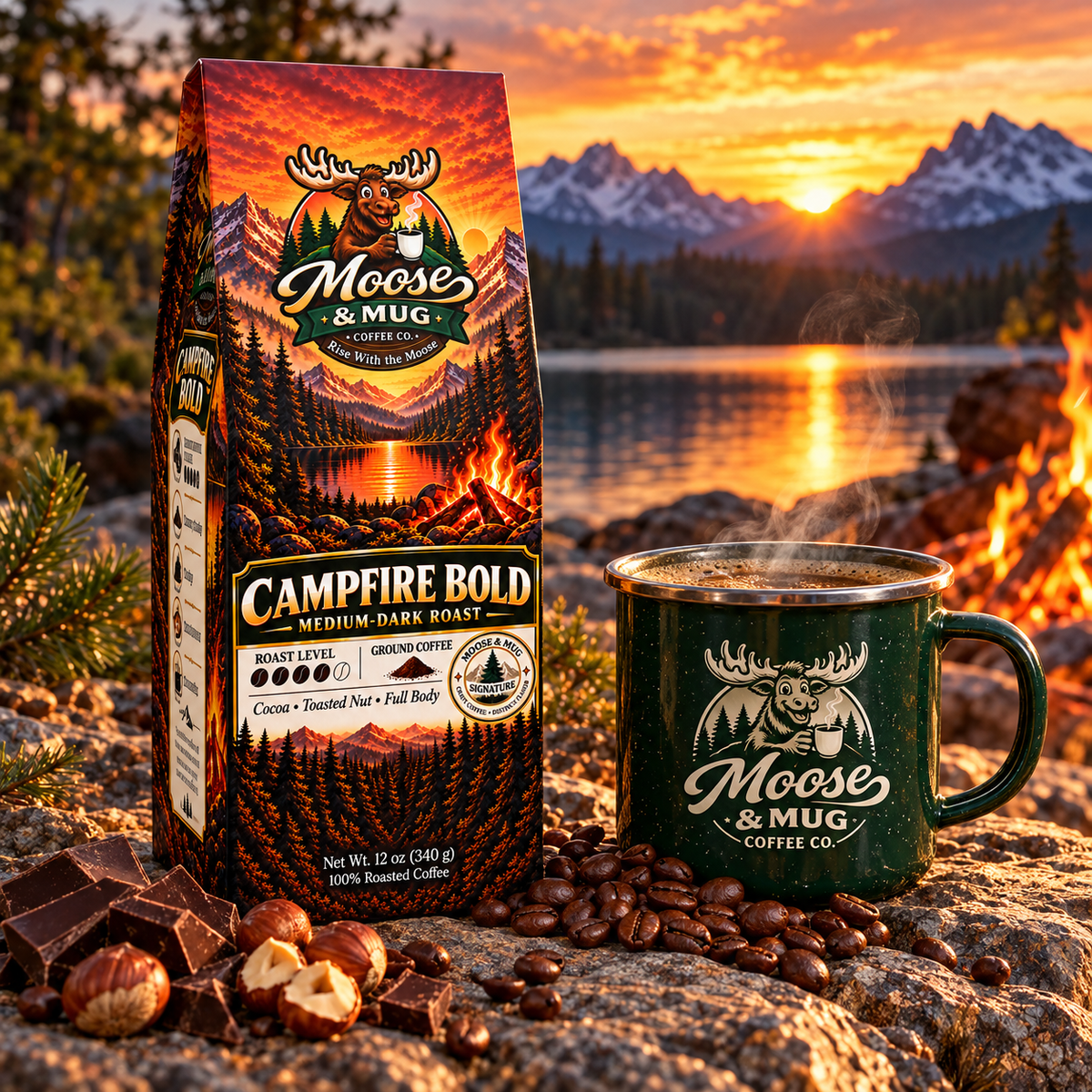 A bag of Moose & Mug Campfire Bold medium dark roast coffee stands next to a matching dark green coffee mug on a rocky surface, with coffee beans, chocolate pieces, and pine branches in the foreground. The background shows a scenic sunset over a lake with mountains and a campfire.