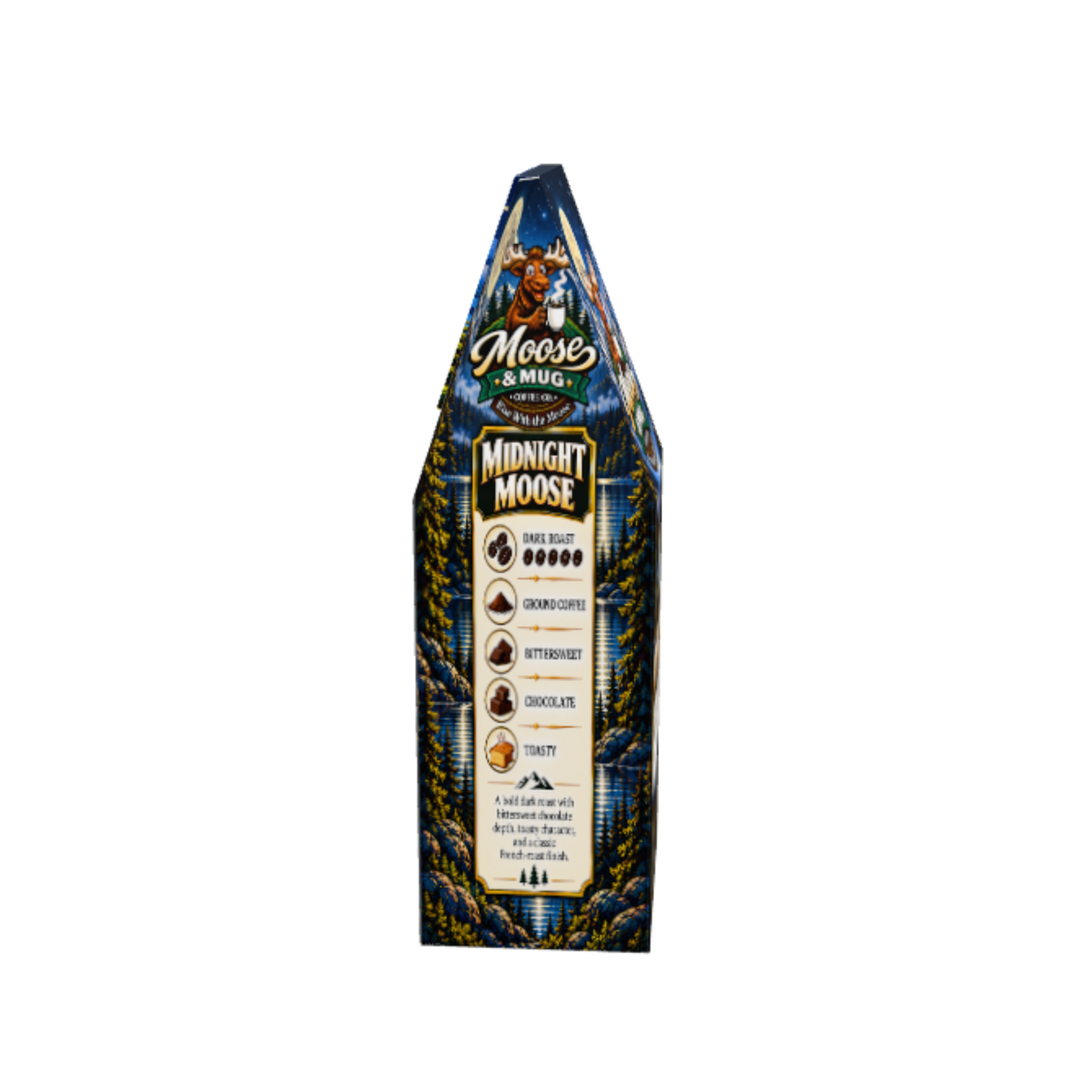 A tall, narrow package of Moose by Mug Midnight Moose coffee, featuring a dark blue and black design with gold and white text and illustrations of moose and trees.