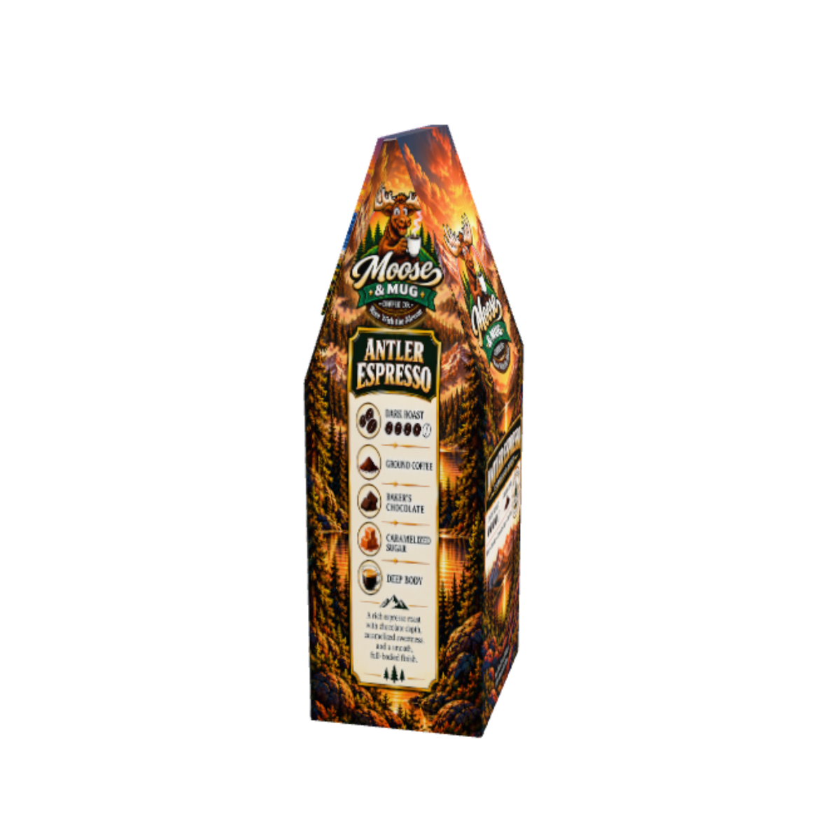 Moose & Mug Antler Espresso coffee, featuring a fiery orange and brown antler design with a cream label detailing flavor notes.