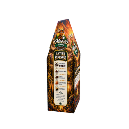 Moose & Mug Antler Espresso coffee, featuring a fiery orange and brown antler design with a cream label detailing flavor notes.