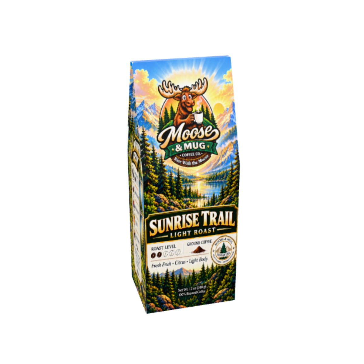 A package of Moose & Mug Sunrise Trail Light Roast coffee, featuring a colorful landscape illustration with a moose logo and mountain scenery on a white background.