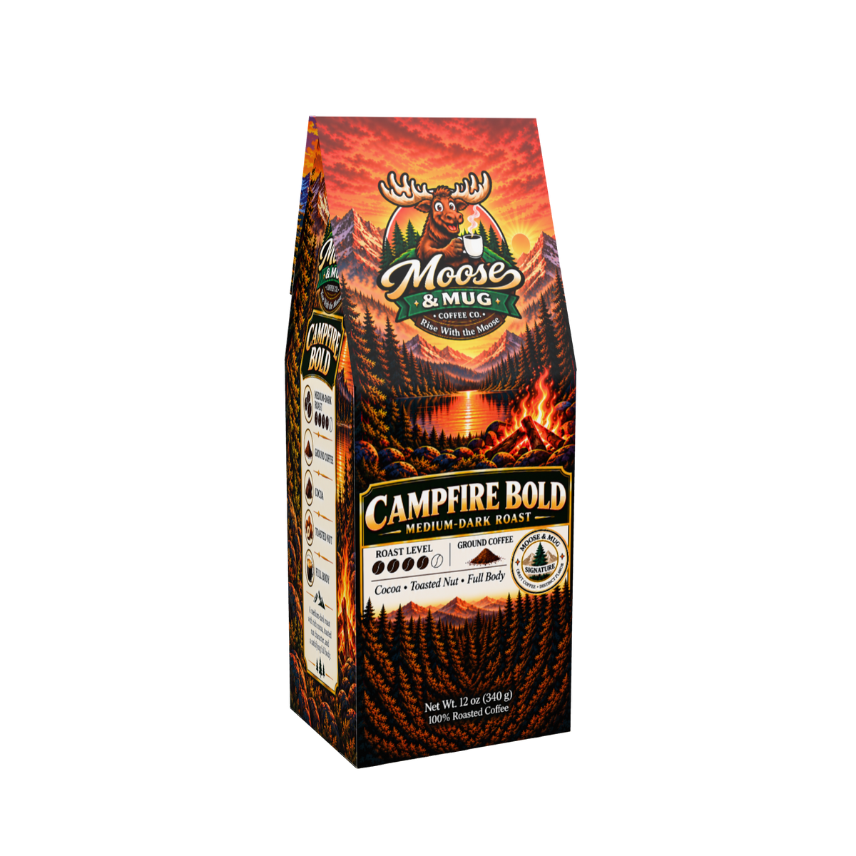 A 12 oz bag of Moose & Mug Campfire Bold Medium Dark Roast coffee, featuring a graphic package design with a moose, mountains, and a campfire scene on a black background.