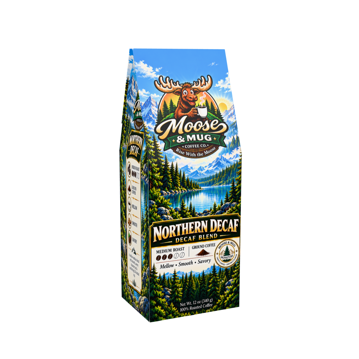 A 12 oz bag of Moose & Mug Coffee Co. Northern Decaf Decaf Blend coffee.